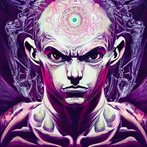 Image similar to 4K headshot of godlike Alien with defined arms and open hands and bloody clothes with giant mandala wings , intricate face , flawless anime cel animation by Kentaro Miura, psychedelic , highly detailed upper body , professionally post-processed , beautiful, scary, symmetry accurate features, epic, octane rendered, anime masterpiece, accurate by Craig Mullins, ilya kuvshinov, krenz cushart, epic , artgerm trending on artstation by Edward Hopper and Dan Mumford and WLOP and Rutkovsky, beksinski carl spitzweg moebius and tuomas kocar, intricate artwork by caravaggio, Unreal Engine 5, Lumen, Nanite