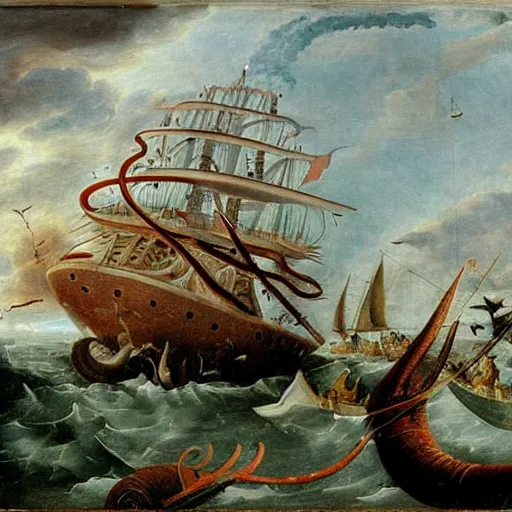 Image similar to A giant squid destroying a cruise ship in the middle of the ocean, by Jan Steen