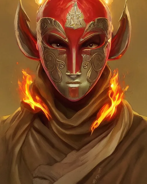 Image similar to happy mask salesman from zelda, full body photo, flames everywhere, highly detailed, digital painting, artstation, concept art, smooth, sharp focus, illustration, art by artgerm and greg rutkowski and alphonse mucha and wlop