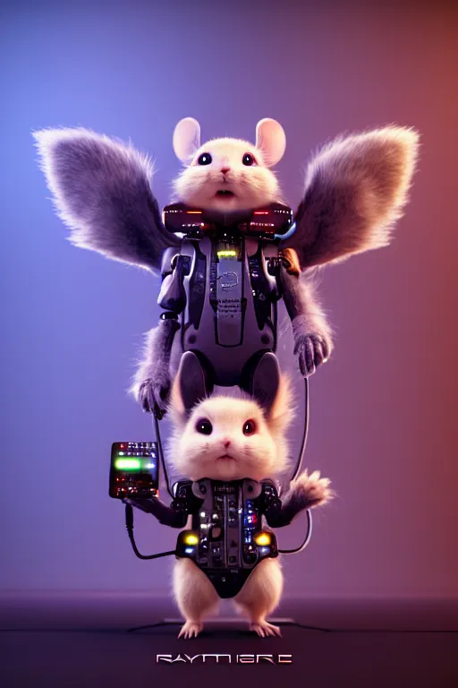 Image similar to high quality 3 d render very cute fluffy cyborg!! rat plays synthesizer, cyberpunk highly detailed, unreal engine cinematic smooth, in the style of blade runner & detective pikachu, hannah yata charlie immer, moody light, low angle, uhd 8 k, sharp focus