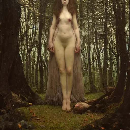 Prompt: the witch standing in the haunted forest | highly detailed oil painting, hyperrealistic, very intrincate | cinematic lighting, award - winning | by roberto ferri, gustav klimt, william waterhouse and tom bagshaw | by austin osman spare and william blake, trending on artstation, cgsociety, official art, octane.