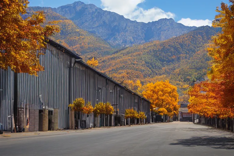 Prompt: warehouses lining a street, with an autumn mountain directly behind, lens compressed, photography