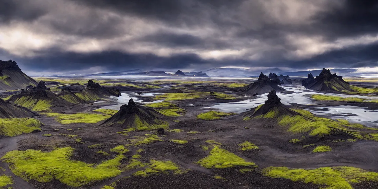 Image similar to iceland highlands in the summer by dylan cole, matte painting with high detail, ground level, sci - fi star wars megacity with dramatic lighting and dramatic sky, 4 k, cinematic cinematography.