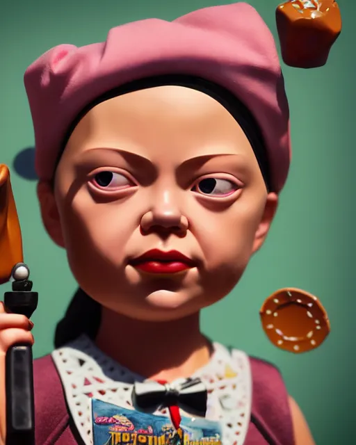 Image similar to closeup profile portrait of a low poly tin toy greta thunberg as a gangster's moll in a gambling den, bikini, hyper realistic, artstation, illustration, nicoletta ceccoli, mark ryden, lostfish, max fleischer, digital paint, matte paint, vivid colors, bright, cheerful, detailed and intricate environment