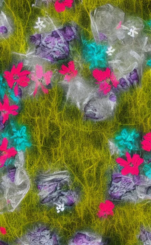 Image similar to view of the inside of a trash bag decorated with moss and flowers patches and with glowing elements, drawn with chalk, abstract, unorthodox, 4k, desktop wallpaper, raytracing