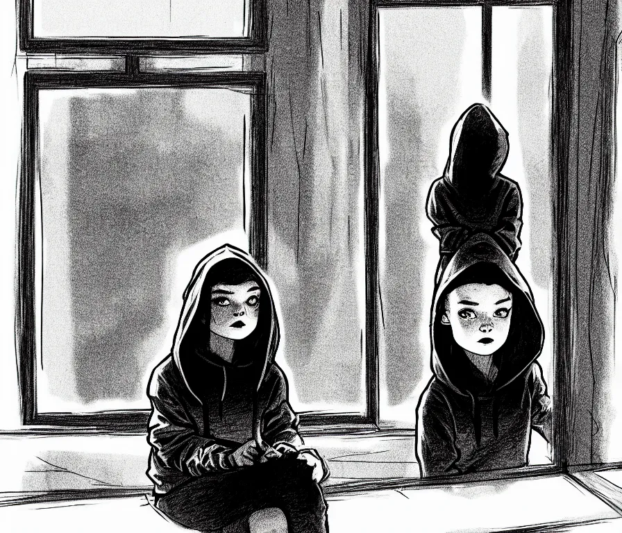 Prompt: sadie sink in hoodie, knees tucked in, sits on windowsill, | rain falls at night : b & w storyboard drawing, scifi cyberpunk. by gabriel hardman, joe alves, chris bonura. cinematic atmosphere, detailed and intricate, perfect anatomy