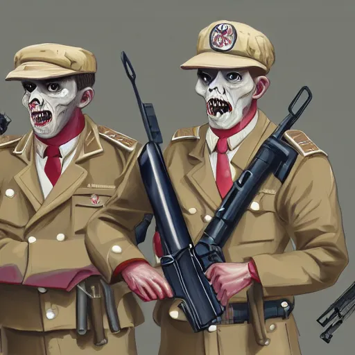 Image similar to zombie security officers from 1 9 6 0 with glowing pale red skin in beige uniforms and caps holding bullpup rifles in a brutalist office setting trending on artstation digital painting 4 k sharp detail high quality