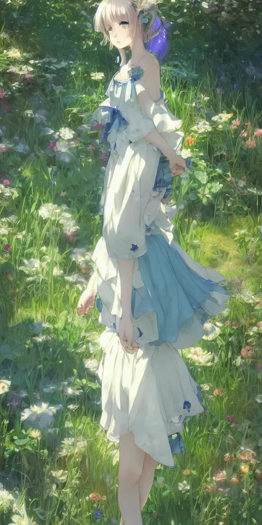 Image similar to a depressed digital art, loli in dress, garden, green and warm theme, blue accents, back lighting, highly detailed, 4 k resolution, trending on art station, by krenz cushart and mucha and akihito yoshida and greg rutkowski and makoto shinkai