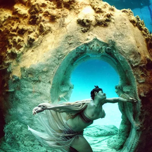 Image similar to Roman empire underwater, Atlantis, spectacular quality, surrealism photography masterpiece, perfect composition