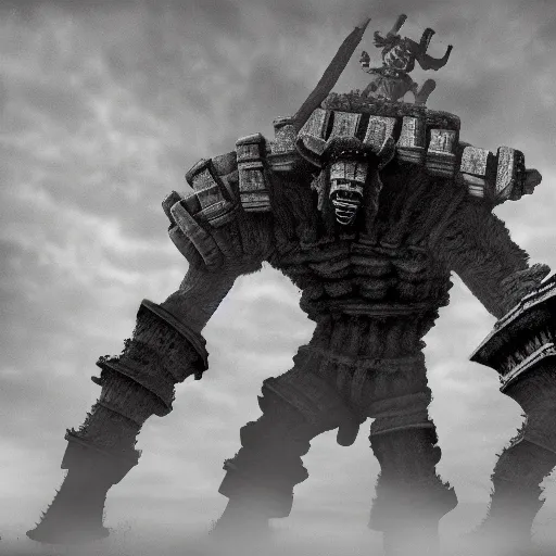 Prompt: shadow of the colossus, spider colossus, black and white image, rusty, grey, bad quality