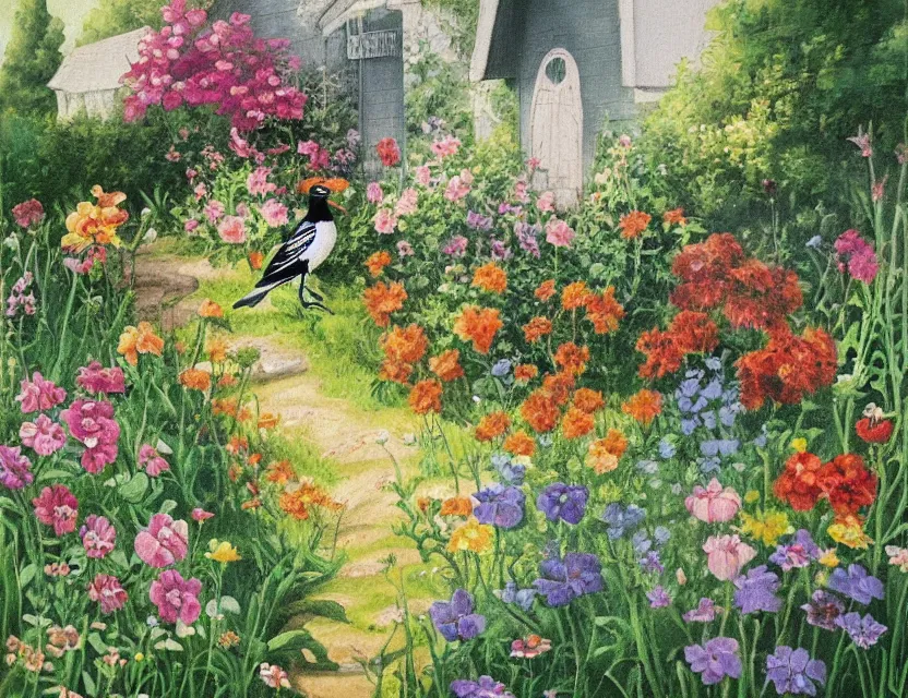Image similar to magpie in a cottage garden. this oil painting by the beloved children's book illustrator has a beautiful composition, interesting color scheme, flat shading.