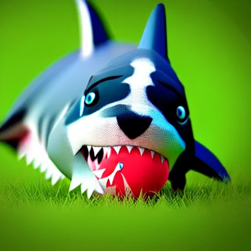 Prompt: ''Cute shark puppy playing with a ball on the grass, low poly, cute, fluffy''
