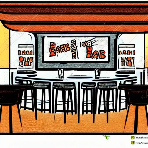 Image similar to an illustration of a bar/lounge, mid century modern cartoon style