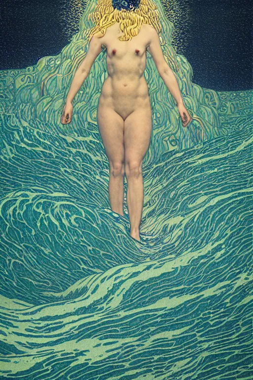 Prompt: a sea witch summoning a giant wave by dan mumford and gustav klimt and john harris and jean delville and victo ngai, highly detailed, photorealism, hyperrealistic