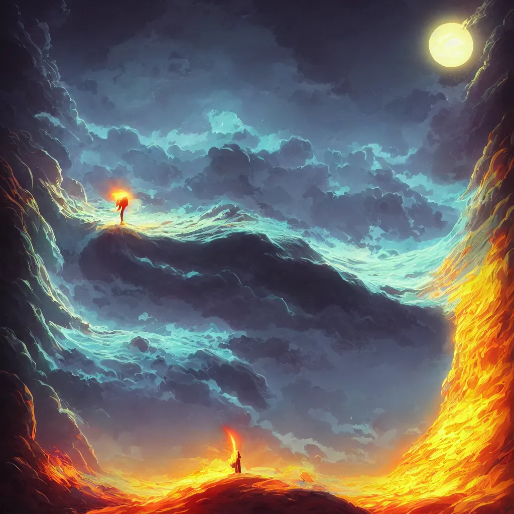 Image similar to Elemental colorful pixar moongate, digital matte black paper art pastiche by Moebius and by Cyril Rolando, Beautiful epic night fire seascape, pastiche by Moebius, Cyril Rolando, Shawn Coss, Junji Ito, and Roger Dean