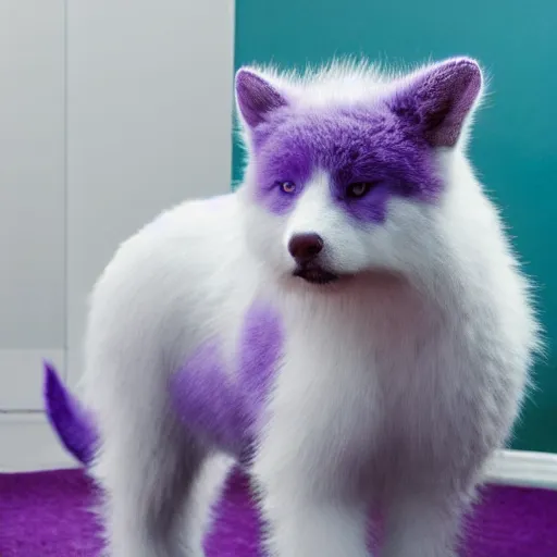 Image similar to a photo of a white fur monster standing in a purple room