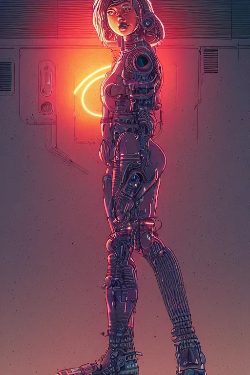 Image similar to portrait of a cyborg girl with a ribbed biomechanic armor and neon light, illustrated by Laurie Greasley and Michael Whelan , crepy ambiance, highly detailed, trending on artstation