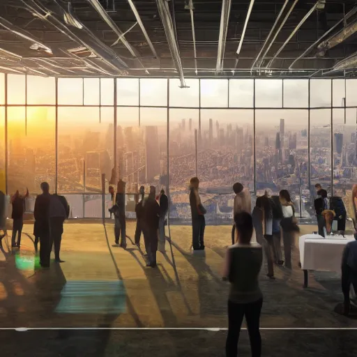 Prompt: large group people in open warehouse, looking at hologram of futuristic city on a table, cinematic concept art, godrays, golden hour, natural sunlight, 4 k, clear details, tabletop model buildings, tabletop model, hologram center table, crane shot, crane shot, crane shot, vr users foreground