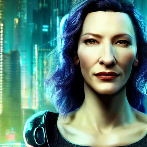 Prompt: cate blanchett portrait, cyberpunk 2 0 7 7, cyberpunk judy alvarez, photorealistic, ultra detailed, neon, octane, bokeh, cinematic lighting, cyber, cyberpunk city, studio quality, feature, scars, cyberface, 8 k