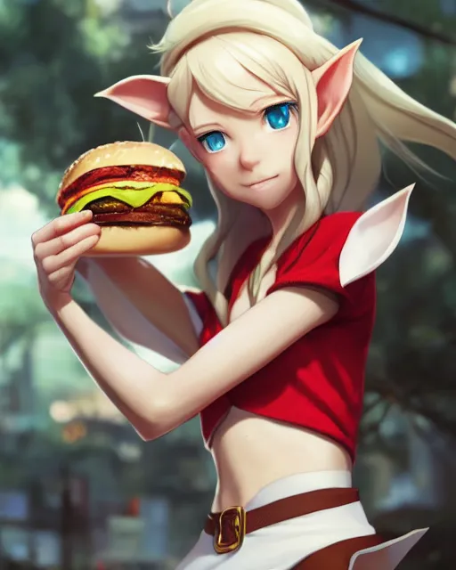 Image similar to adorable elf girl holding a burger, single subject, close shot, ambient lighting, white hair, detailed face, by makoto shinkai, stanley artgerm lau, wlop, rossdraws