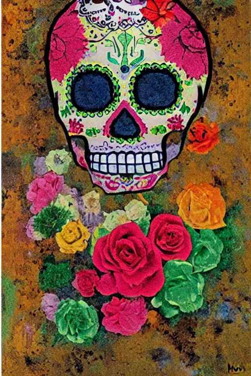 Image similar to Illustration of a sugar skull day of the dead girl, art by mordecai ardon