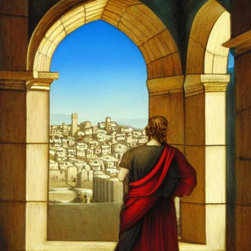 Image similar to fantasy art of king david overlooking the city of jerusalem through his palace window