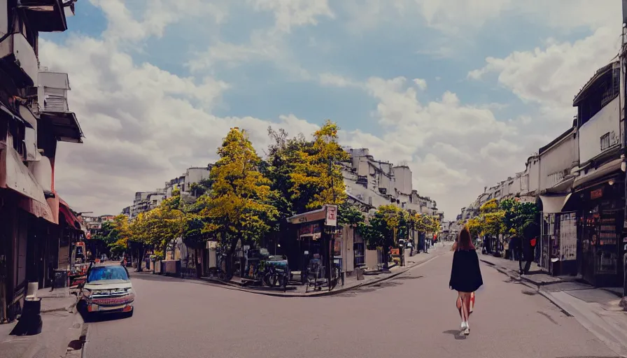 Prompt: a 3 5 mm photo by petra collins of a beautiful day in a city that looks like toyko, paris, kyoto and jiufen, cinematic lighting, cinematic look, golden hour, the clouds are epic and colorful with cinematic rays of light, a girl walks down the center of the street in a gucci dress, uhd