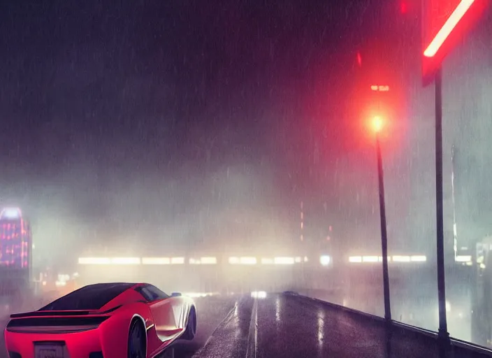 Image similar to Bladerunner 2049 scene red sports car driving on empty road dark atmospheric volumetric lighting grungy moody dark cinematic Roger Deakins Cinematography futuristic cyberpunk car soul red GTR NSX RX8 C3 Chaser S16 Evolution 10 Z07 R34 ikuo maeda Newton Thomas Sigel bladerunner 2049 screen cap still