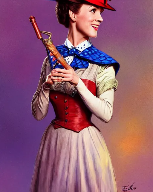 Image similar to Julie Andrews Mary Poppins from Disney 1964 dancing, D&D, fantasy, intricate, elegant, highly detailed, digital painting, artstation, concept art, matte, sharp focus, illustration, hearthstone, art by Artgerm and Greg Rutkowski and Alphonse Mucha