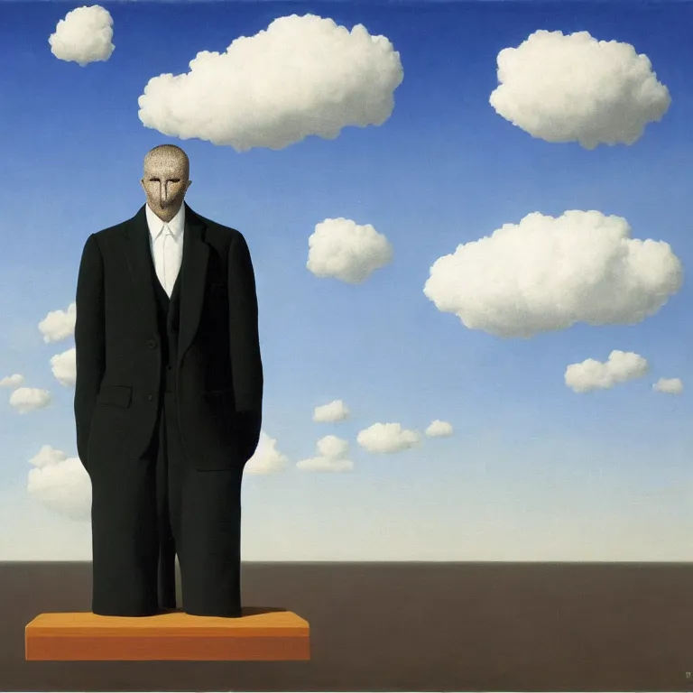 Image similar to portrait of a faceless shadow - head man in a suit, clouds in the background, by rene magritte, detailed painting, distance, centered, hd, hq, high resolution, high detail, 4 k, 8 k