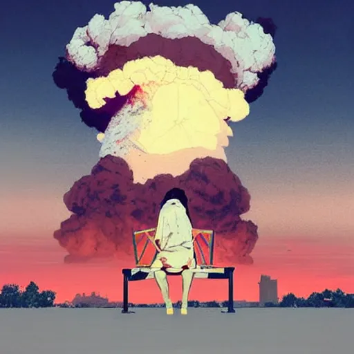 Prompt: girl sitting on a park bench, nuclear explosion in the background, nuclear bomb cloud, by conrad roset, by greg rutkowski, digital art, beautiful face