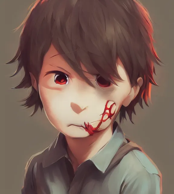 Image similar to cute little boy anime character inspired by jason voorhees art by rossdraws, wlop, ilya kuvshinov, artgem lau, sakimichan and makoto shinkai, anatomically correct, extremely coherent, highly detailed, sharp focus, slasher movies, smooth, red lighting, very realistic, symmetrical, hair