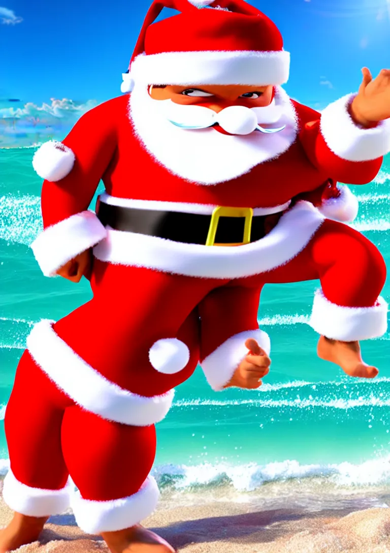 Prompt: santa claus wearing swim suit surfing on the beach, 3d rendering of photo realistic image, super detailed, 4K,cinematic look