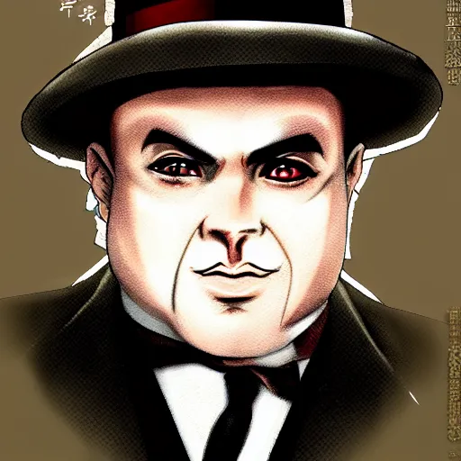 Image similar to portrait of the al capone, anime fantasy illustration by tomoyuki yamasaki, kyoto studio, madhouse, ufotable, symmetrical face, trending on artstation