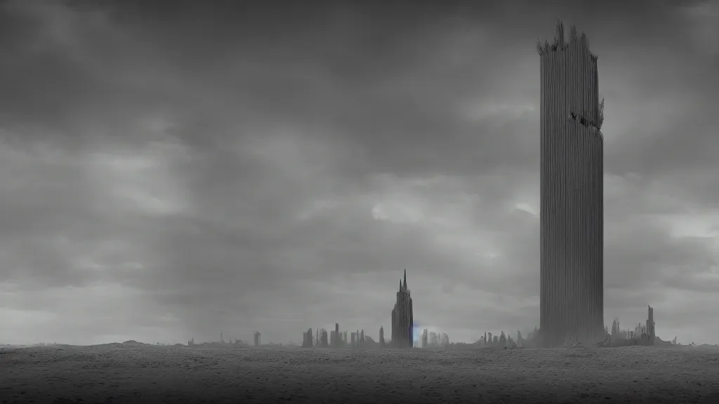 Prompt: 1 patrick jones rutkowski the last tower. sand. lonely. ominous. outlaw quest 3 8 4 0 x 2 1 6 0