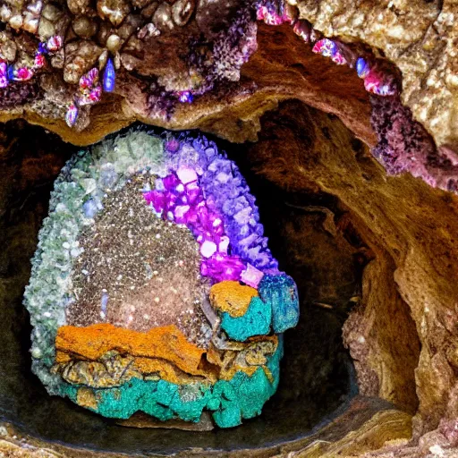 Prompt: dinosaur skeleton inside a geode of multi-colored crystals