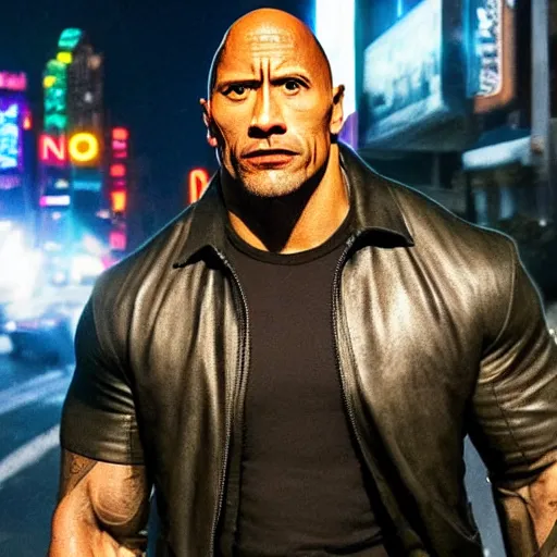 Image similar to Dwayne Johnson on the street in the night of cyberpunk city, bright lighting, high quality, ultra detailed , full body