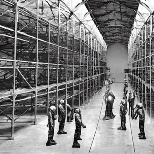 Image similar to an alien ship inside a hanger, old photo, vintage photo, grainy, realistic, real photo, men in hazmat suits standing around