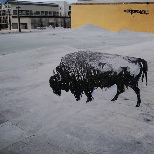 Prompt: a buffalo covered in flour in the middle of the street, graffiti art