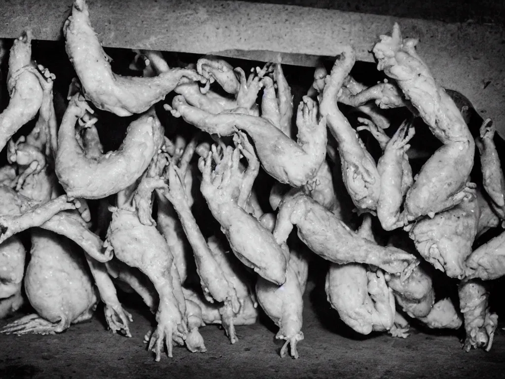 Image similar to irradiated lovers hold hands under a bridge made of raw chicken. they cast a deathly shadow over the foreground. a troupe of breakdancing squid entertain to the left hand side. foam party to the right