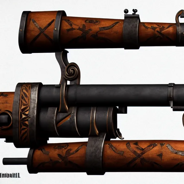 Image similar to wrought - iron cannon gun arquebus with wooden intarsia grip and telescopic sight, unreal engine, 8 k render