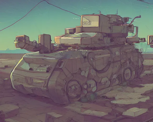 Prompt: a study of cell shaded cartoon tank with apole with dozens of cameras on it, driving on a desert road, road, illustration, wide shot, subtle colors, post grunge, concept art by josan gonzales and wlop, by james jean, victo ngai, highly detailed, sharp focus, trending on artstation, hq, deviantart, art by artgem