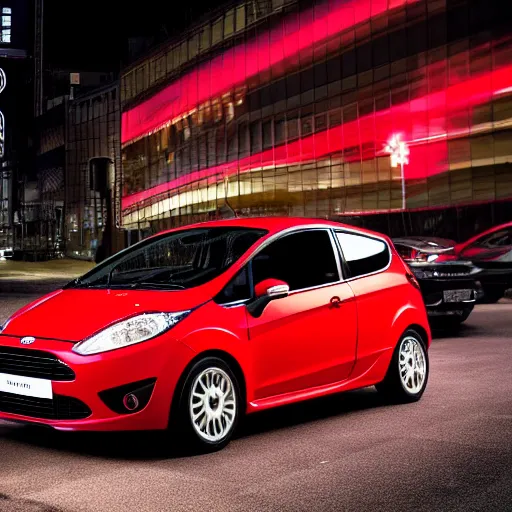 Prompt: red ford fiesta mk 5 zetec in shibuya tokyo, award winning photograph, night time