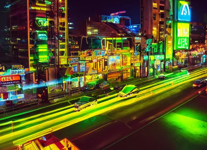 Image similar to a film still of a tonka truck driving through a neon green city at night, cinematic