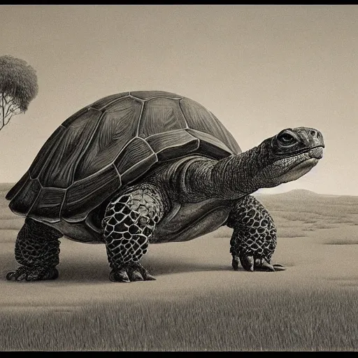 Prompt: A tortoise covered in blood, roaring in antipication of death, style of keith thompson, laurie lipton, Zdzisław Beksiński