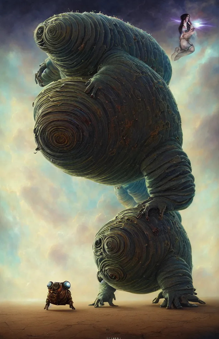 Image similar to a portrait of a tardigrade standing with the gods of the tardigrades, by karol bak, james jean, tom bagshaw, rococo, sharp focus, trending on artstation, cinematic lighting, hyper realism, octane render, 8 k, hyper detailed, vivid, ultra detailed, highly detailed