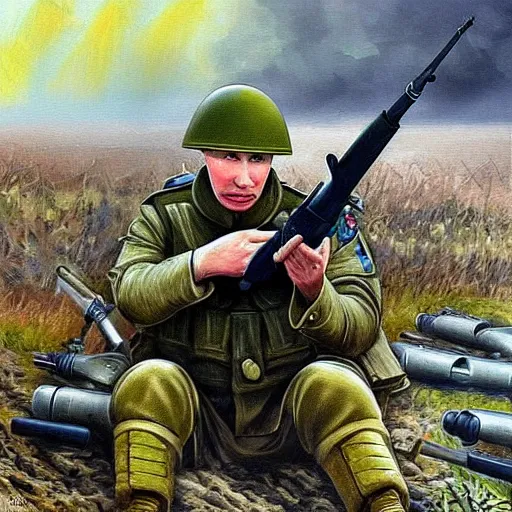 Image similar to Putin is sitting in the trenches and defending himself from Ukrainian troops, Retro futuristic painting style