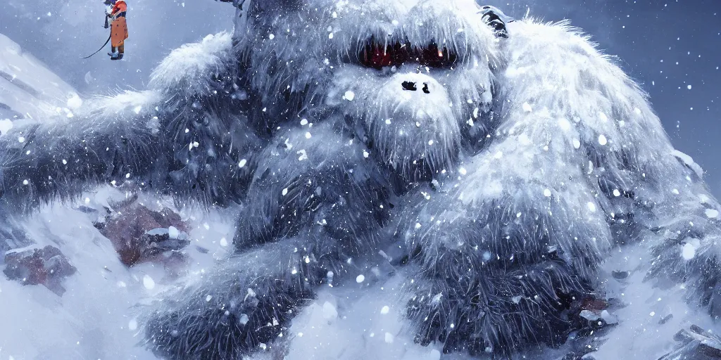 Prompt: a snow yeti on top of a snowy mountain top, greg rutkowski, 8 k, shallow depth of field, intricate detail, concept art,