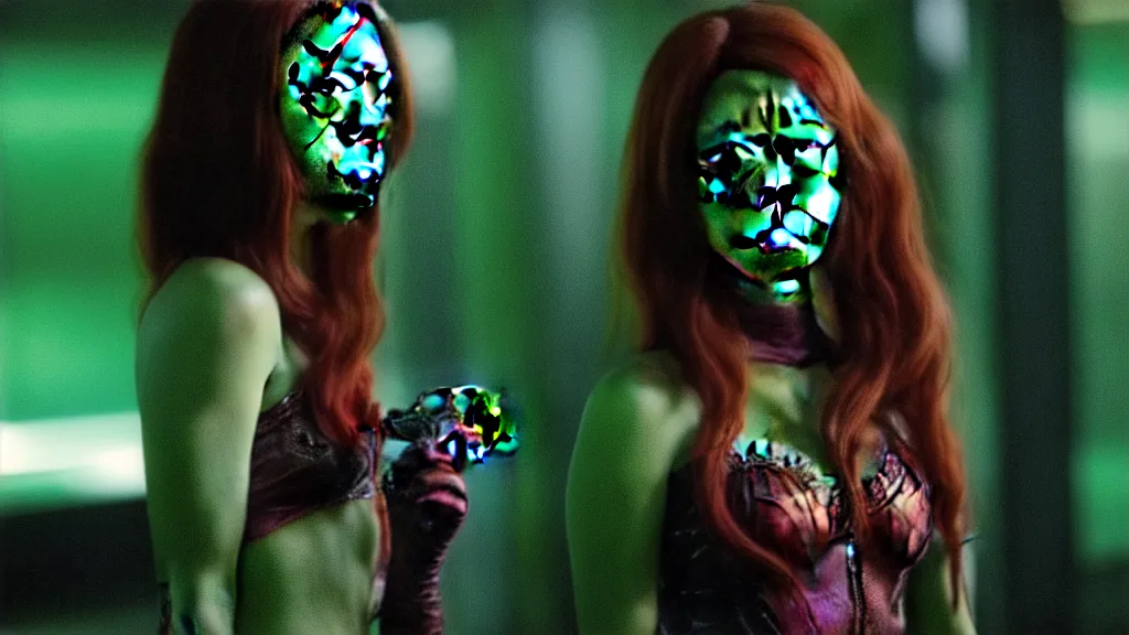 Image similar to Aubrey Plaza as Poison Ivy in The Dark Knight, green skin film still from the movie directed by Denis Villeneuve, wide lens