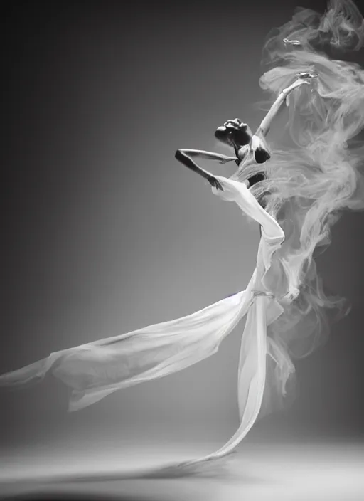 Image similar to a Photorealistic dramatic hyperrealistic render of a glamorous beautiful Female smoke dancer by Ken Brower and Deborah Ory of NYC Dance project,Lois Greenfield,Flowing cloth and smoke,Beautiful dynamic dramatic dark moody lighting,volumetric,shadows,cinematic atmosphere,Octane render,8K